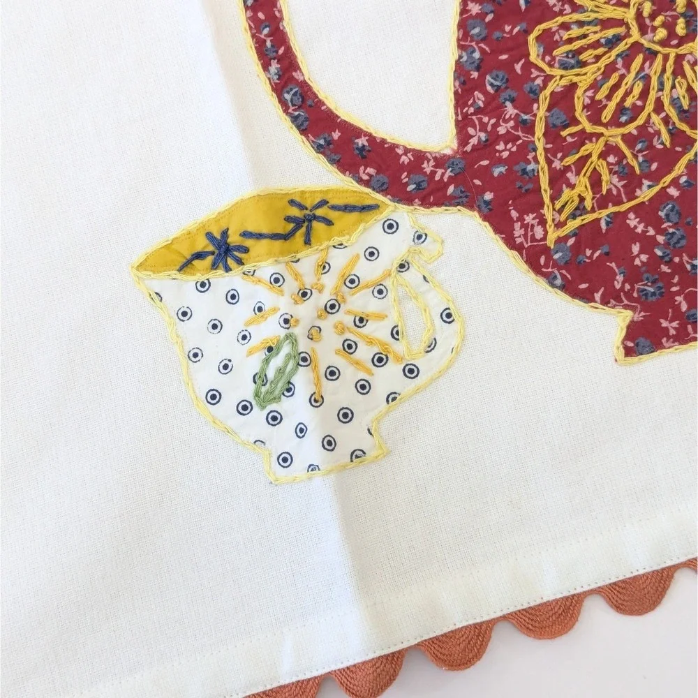 2010 Anthropologie Dish Towel Applique Teapot Tea Cups Floral Fabric INDIA New